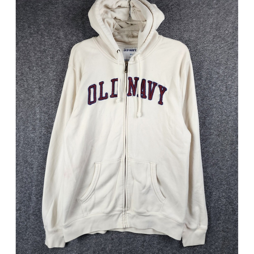 Old Navy Zip Hoodie Mens L Cream Logo Graphic Fleece Long Sleeve Sweatshirt